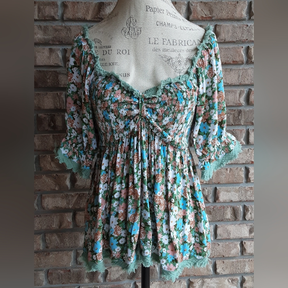 Umgee Green Floral Smocked Boho Peasant Blouse